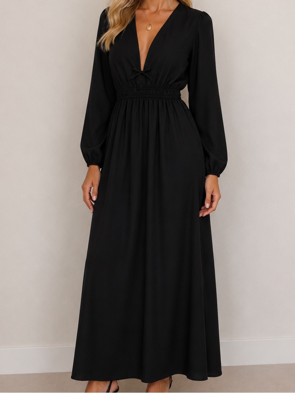 Petal & Pup Cece Black Linen Blend Long Sleeve Maxi Dress Large
